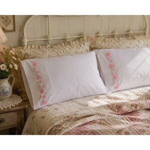 NOS Vintage Hand Embroidered Floral White Cotton Pillowcase Set-2 Pink Flowers